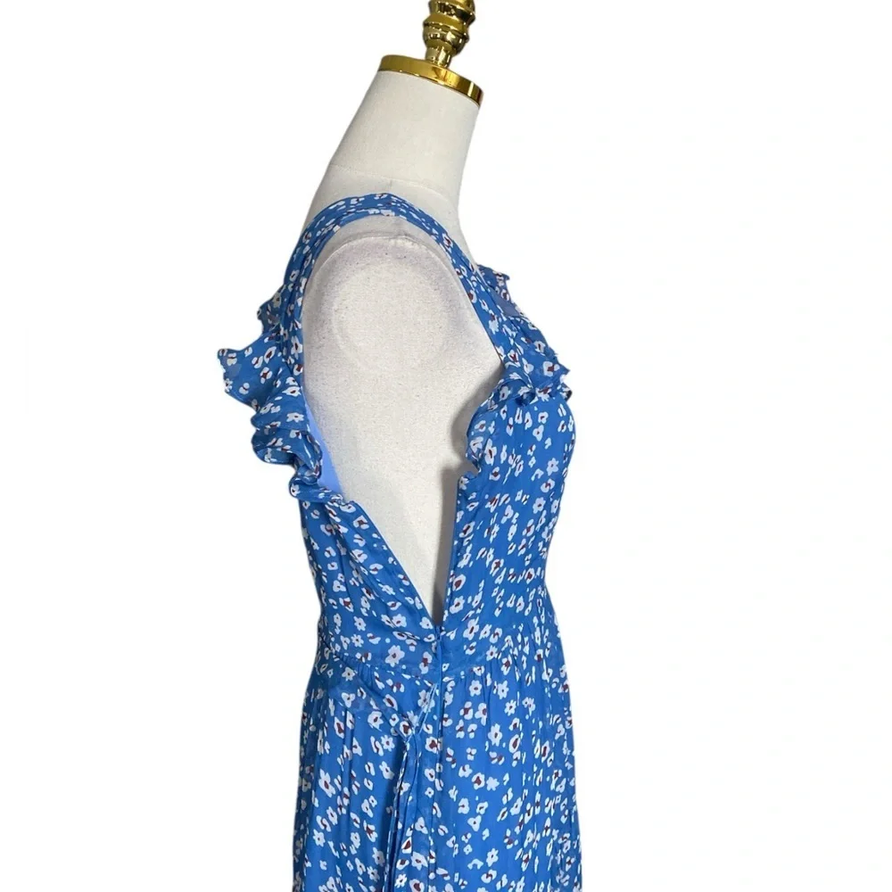 Amour Vert Women’s XS Blue Floral Ruffled Tiered Sleeveless Midi Silk Dress - Picture 8 of 10